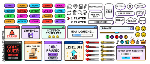 Collection of 8 bit computer or mobile video game element. Pixel gaming frame, menu button, heart, star, fire, arrow and speech bubble symbol. Halftone game interface with comic text. Cyberspace icon.