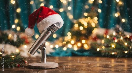 Modern microphone wearing a santa hat on a wooden surface with falling snow and blurred christmas lights in the background