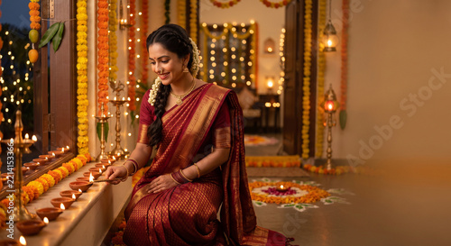 Happy Indian woman Lighting a Traditional Diya During Diwali Festival