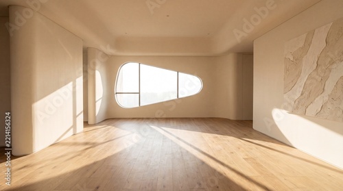 Warm Empty Interior with Irregular Panoramic Window, Curved Walls and Long Sunlight Shadows