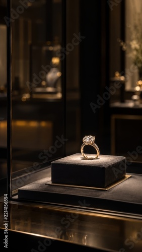 A gold ring with a clear gemstone rests on a black velvet box inside a reflective glass cabinet with warm, subdued lighting