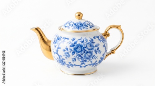 Vintage porcelain teapot with blue floral pattern and gold accents, elegant ceramic tea pot, classic english style chinaware on white background