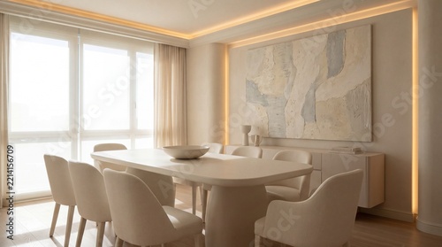 Warm Contemporary Dining Interior with Textured Artwork and Glowing Perimeter Lighting