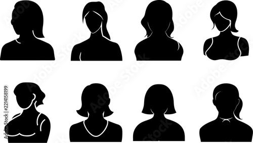 Set of women silhouette avatars in different head and shoulder poses, isolated on transparent background, user or profile icons