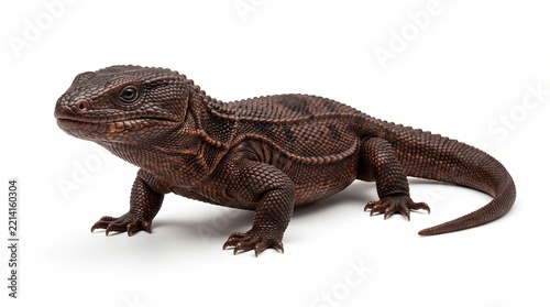 Earless Monitor Lizard crouching on a plain background showing its armored scales and powerful legs.