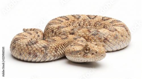 Arabian Horned Viper with sandy colored scales and speckled patterns rests motionless on a plain white backdrop.