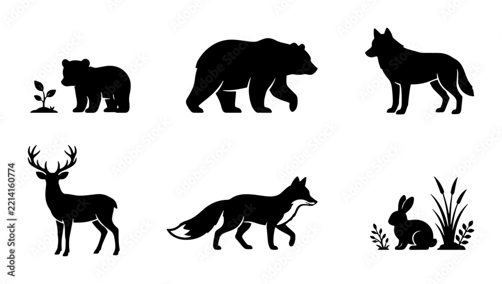 Obraz premium Forest animal silhouettes set with bear, wolf, deer, fox, rabbit and cub