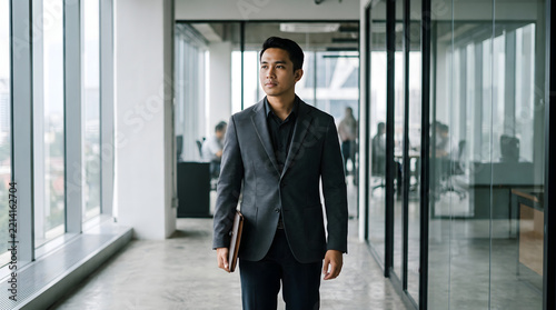 Asian businessman standing in a modern office hallway while holding a leather portfolio case and looking thoughtfully toward the large glass windows.