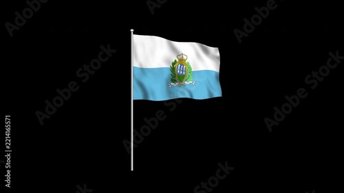 Animation of the San Marino flag fluttering on a flagpole against a transparent background in 4K