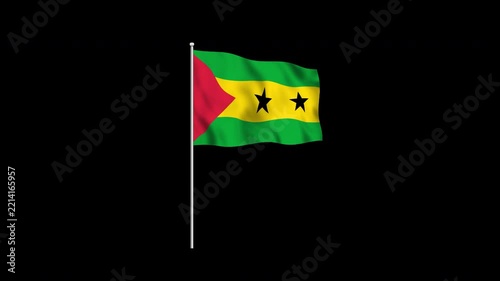 Animation of the Sao Tome and Principe flag fluttering on a flagpole against a transparent background in 4K