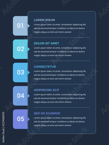 Vertical workflow infographic template with five numbered steps with side tabs and text placeholders for a structured presentation layout. Dark background