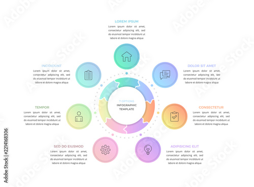 Seven option gradient infographic template with a circular arrow diagram and outer circles. 7 options process chart or circular diagram for business presentations. Vector illustration