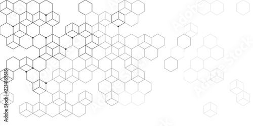 Black and white honeycomb hexagon grid pattern with isometric cube cells in delicate style.