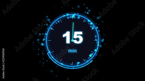 Glowing digital timer display showing fifteen minutes countdown digital clock
