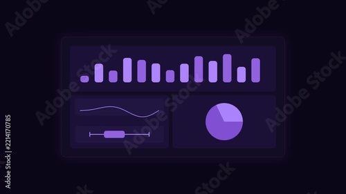 Dark mode digital business dashboard with bar chart and pie chart interface