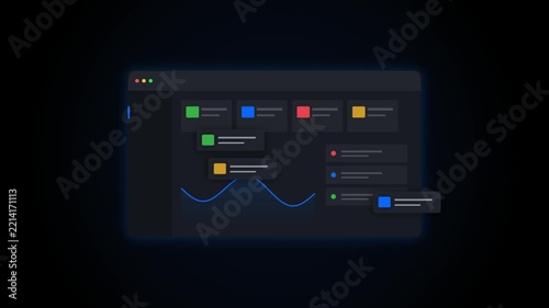 Modern task management software interface with colorful data cards and charts