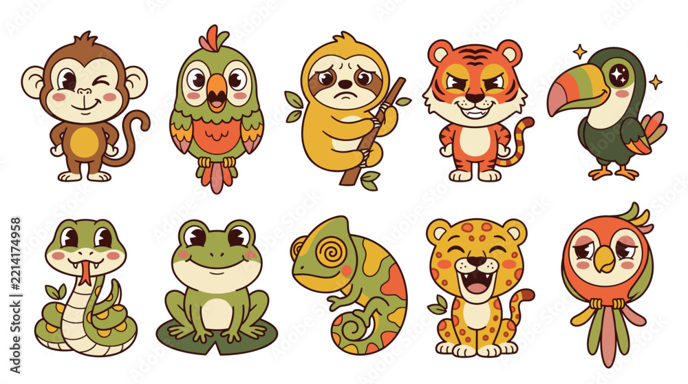 Fototapeta premium Set of ten cute jungle animal cartoon characters in a retro illustration style