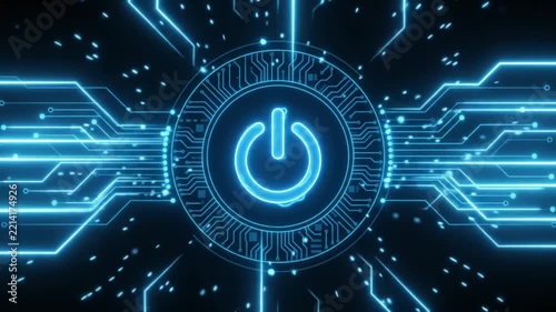 A futuristic video showcasing a glowing blue power button on a circuit board