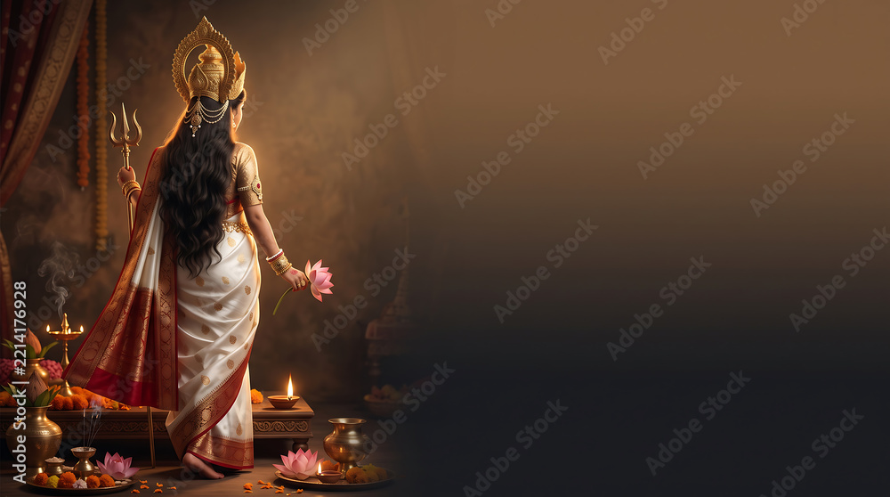 Obraz premium Woman in traditional attire holding a lotus flower in a temple