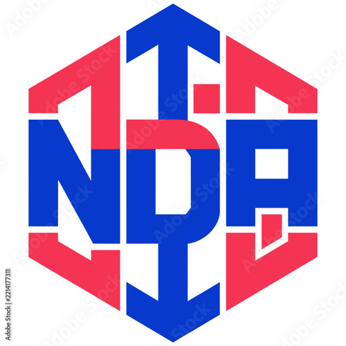 Hexagonal logo featuring bold letterforms in red and blue colors
