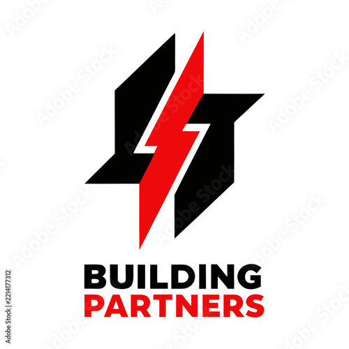 Red lightning bolt logo with black geometric shapes on a white background