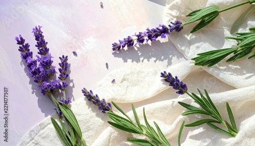 Fresh Lavender Sprigs with Green Stems and Purple Blossoms on Textured Fabric