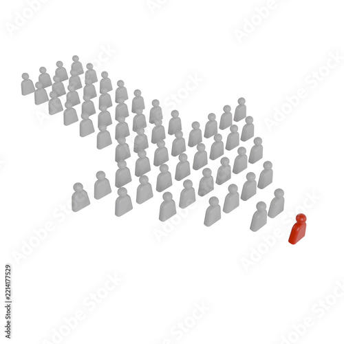 3D render depicting a group of grey human figures arranged in an arrow shape following a single red leader. Ideal for business presentations, corporate website banners