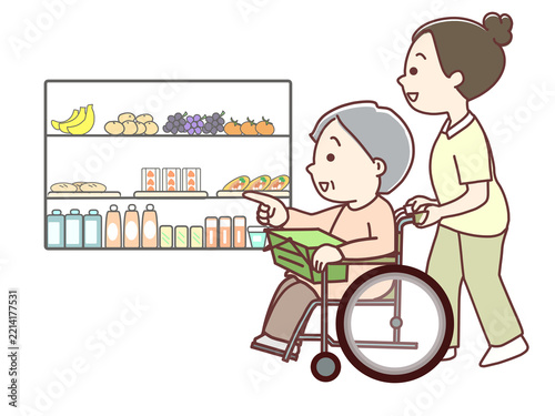 福祉　車いすで買い物をする高齢者の買い物を補助する介護士