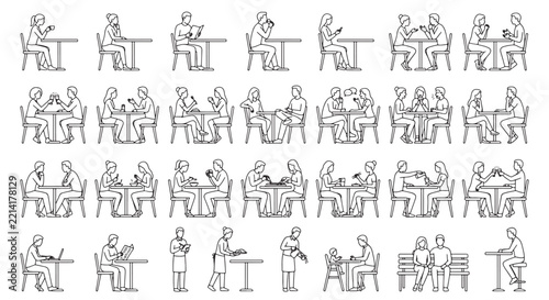 Set of people sitting at cafe tables, side view line art