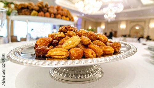 Glistening Glazed Almonds and Dried Dates Presented on an Ornate Silver Platter