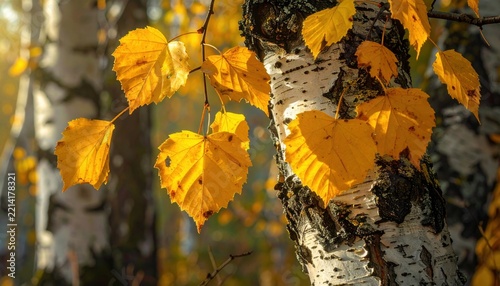 Golden birch leaves adorn a textured tree trunk in a soft focus autumn forest setting.