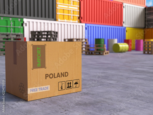 Cardboard Import Box with Poland Text in Front of Stacked Shipping Containers