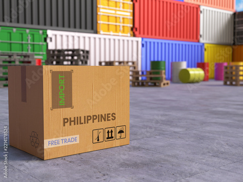 Cardboard Import Box with Philippines Text in Front of Stacked Shipping Containers
