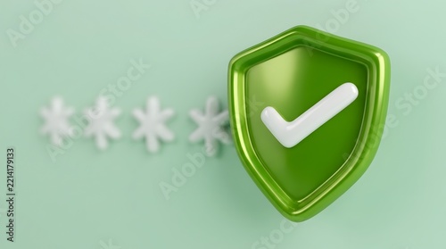 Green shield with a white checkmark symbol and blurred asterisks representing password input symbolizing security and verification.