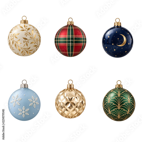 Luxury Christmas Bauble Ornament Collection with Gold, Plaid and Winter Designs on Transparent Background