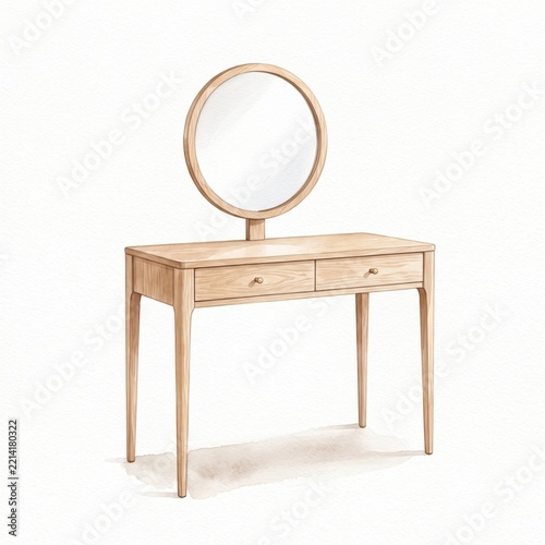 Watercolor Wooden Vanity Dressing Table Isolated on White