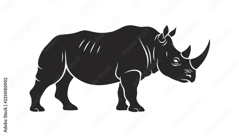 Fototapeta premium Detailed black silhouette of a powerful wild rhinoceros standing on its feet showing strong horn and body details.