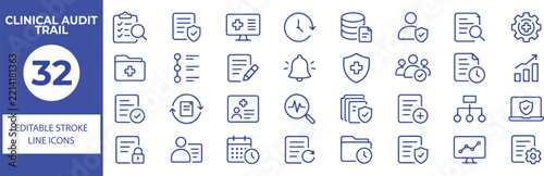 32 Clinical Audit Vector Outline Icons Set,Healthcare Quality Control, Medical Records, Patient Safety, Compliance and Hospital Audit Line Symbols Collection