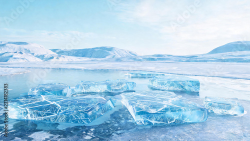 Clear blue ice floes float on calm water, surrounded by snow-covered mountains under a pale sky in a frozen polar landscape.