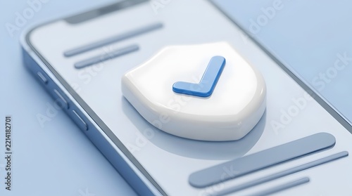 Mobile phone screen displaying a white shield icon with a blue checkmark symbolizing security safety and verification on a digital device.
