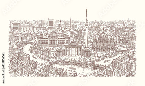 Hand drawn Berlin city skyline panorama featuring Spree river Oberbaum Bridge Berliner Dom and Victory Column line art vector