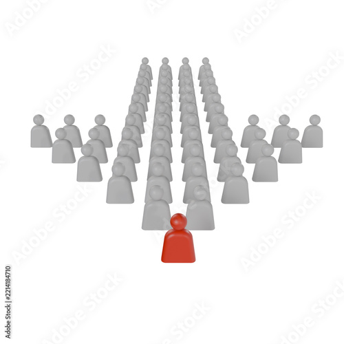 3D render depicting a group of grey human figures arranged in an arrow shape following a single red leader. Ideal for business presentations, corporate website banners