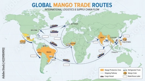 Global mango trade routes map showing international logistics and supply chain flow