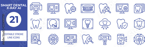 21 Smart Dental X-Ray AI Vector Outline Icons Set, Dental Imaging, Artificial Intelligence, Diagnosis, Scanner and Oral Healthcare Line Symbols Collection