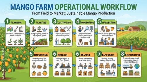 Mango farm operational workflow from field to market