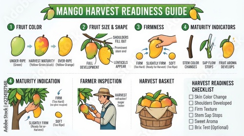 A detailed infographic illustrating the mango harvest readiness guide, showcasing various stages of ripeness, size, firmness, and maturity indicators with a checklist