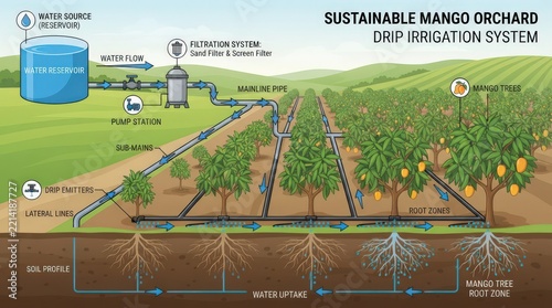 Sustainable mango orchard drip irrigation system