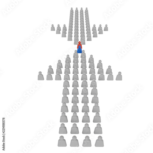 3D render depicting a group of grey human figures arranged in an arrow shape following a single red leader. Ideal for business presentations, corporate website banners