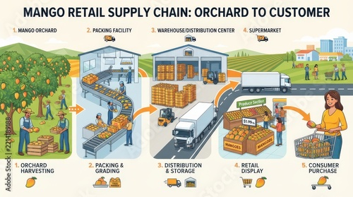 Mango retail supply chain orchard to customer infographic