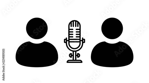 Podcast interview vector graphic illustration featuring two people silhouettes and microphone equipment inside studio